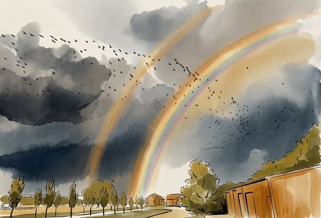 Watercolour of a double rainbow and flocks of birds over farmland, with a timber barn and a row of trees under a stormy sky